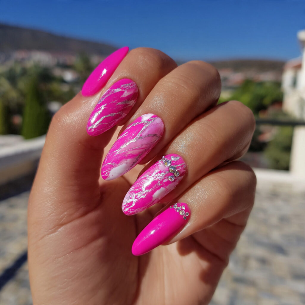 attractive neon hot pink nails with art with outdo