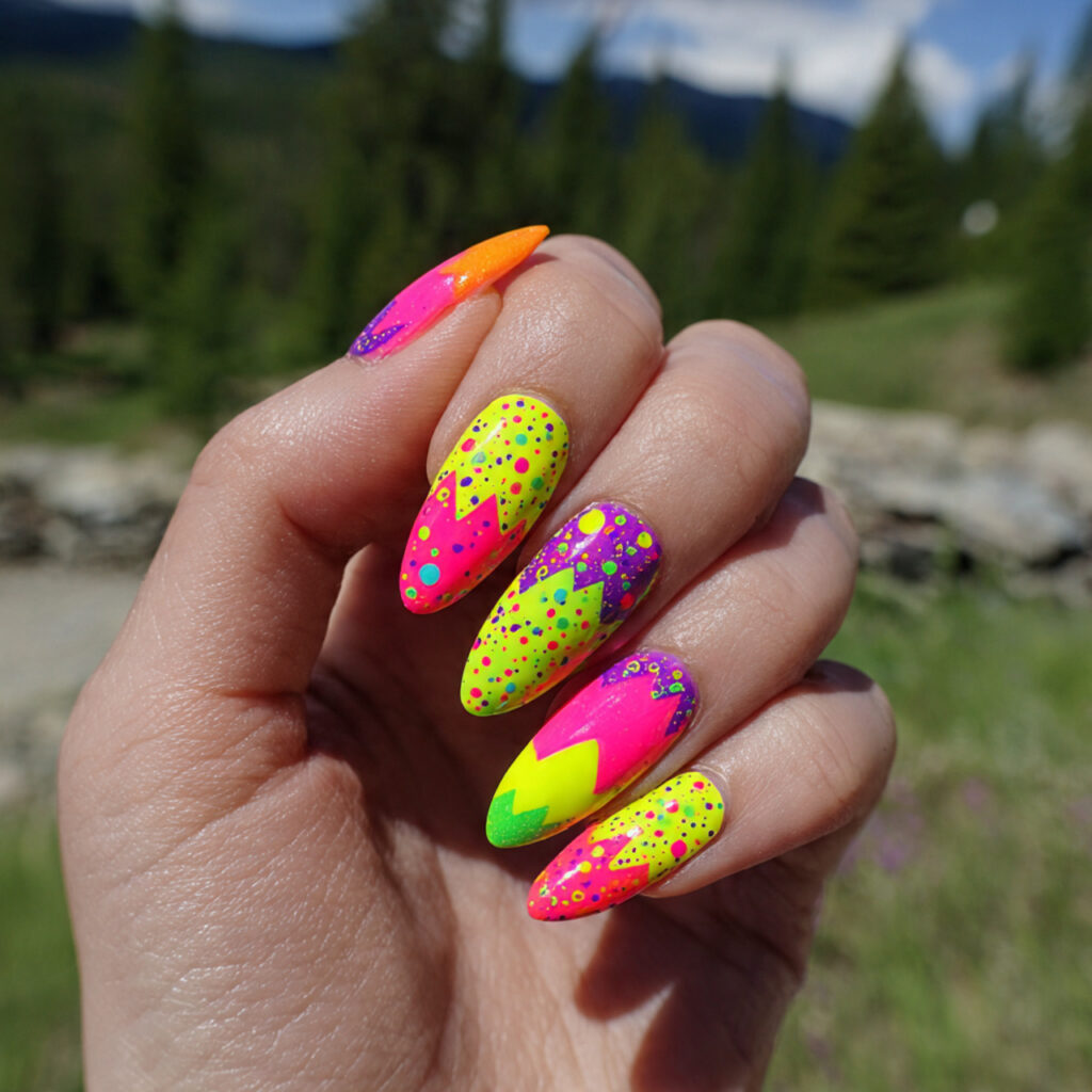 Nail Inspo Maximalist: Bold, Extra & Unapologetically Glam 4 attractive neon pop art nails with outdoor backgro