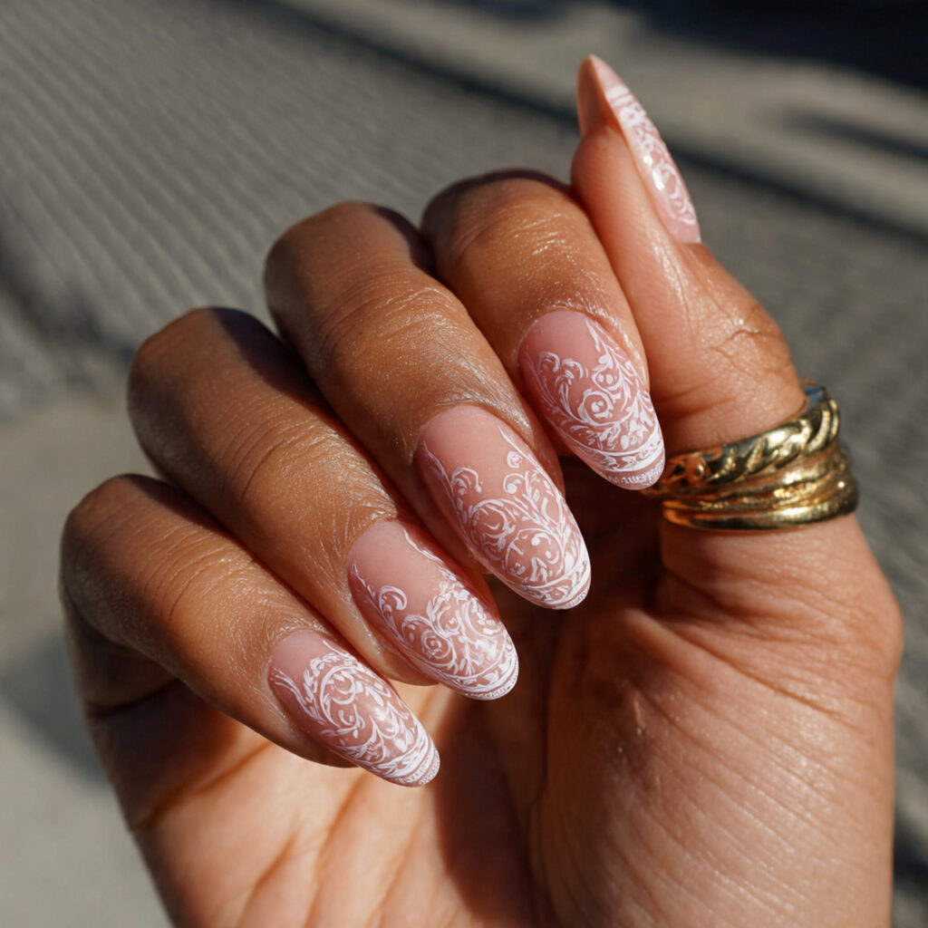 Short Coffin Nails Designs: Chic, Cute & Totally Addictive Ideas 4 attractive nude base with white line art nails wit