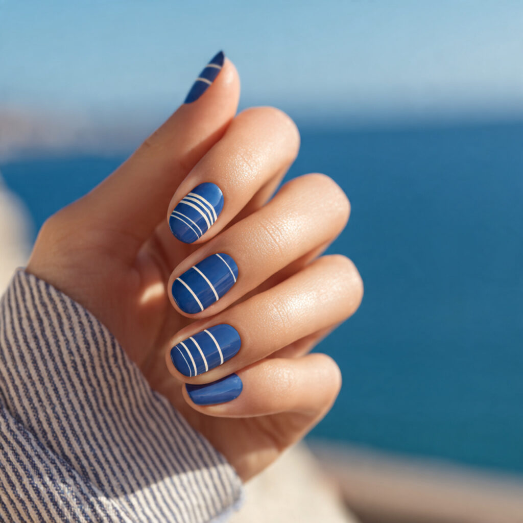 Nail Inspo Navy Blue: 14 Chic & Dreamy Designs You’ll Love 4 attractive nude with navy lines nails with outdoor