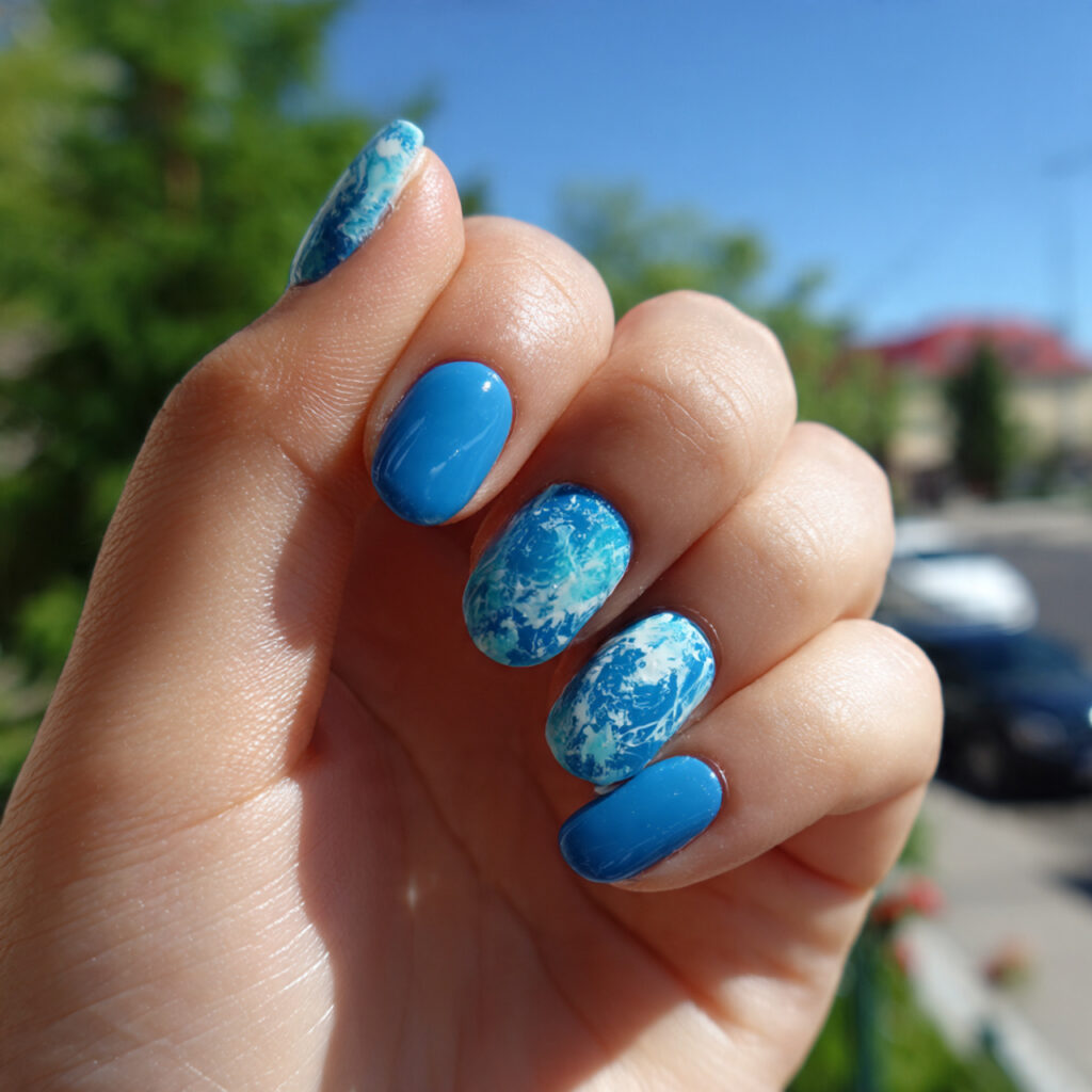 attractive ocean blue acrylic short nails with out