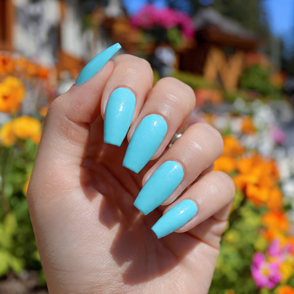 Coffin Nails Short: 14 Cute & Trendy Designs You’ll Want to Try 6 attractive ocean blue short coffin nails with outd