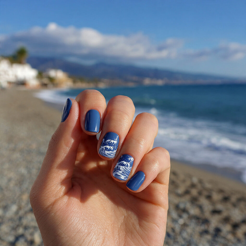 attractive ocean blue short nails with outdoor bac 1