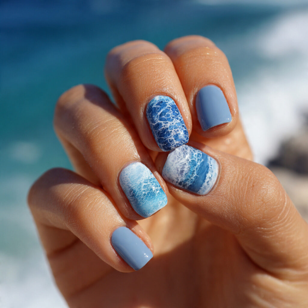 Nail Art for Short Nails: 14 Cute & Aesthetic Ideas You’ll Love 6 attractive ocean blue short nails with outdoor bac