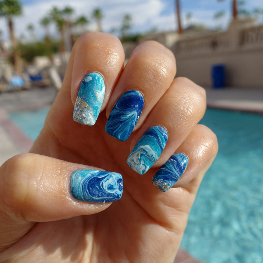 Nail Inspo Summer 2026: Fresh, Glowy & Totally Addictive Looks 2 attractive ocean blue swirl nails with outdoor bac
