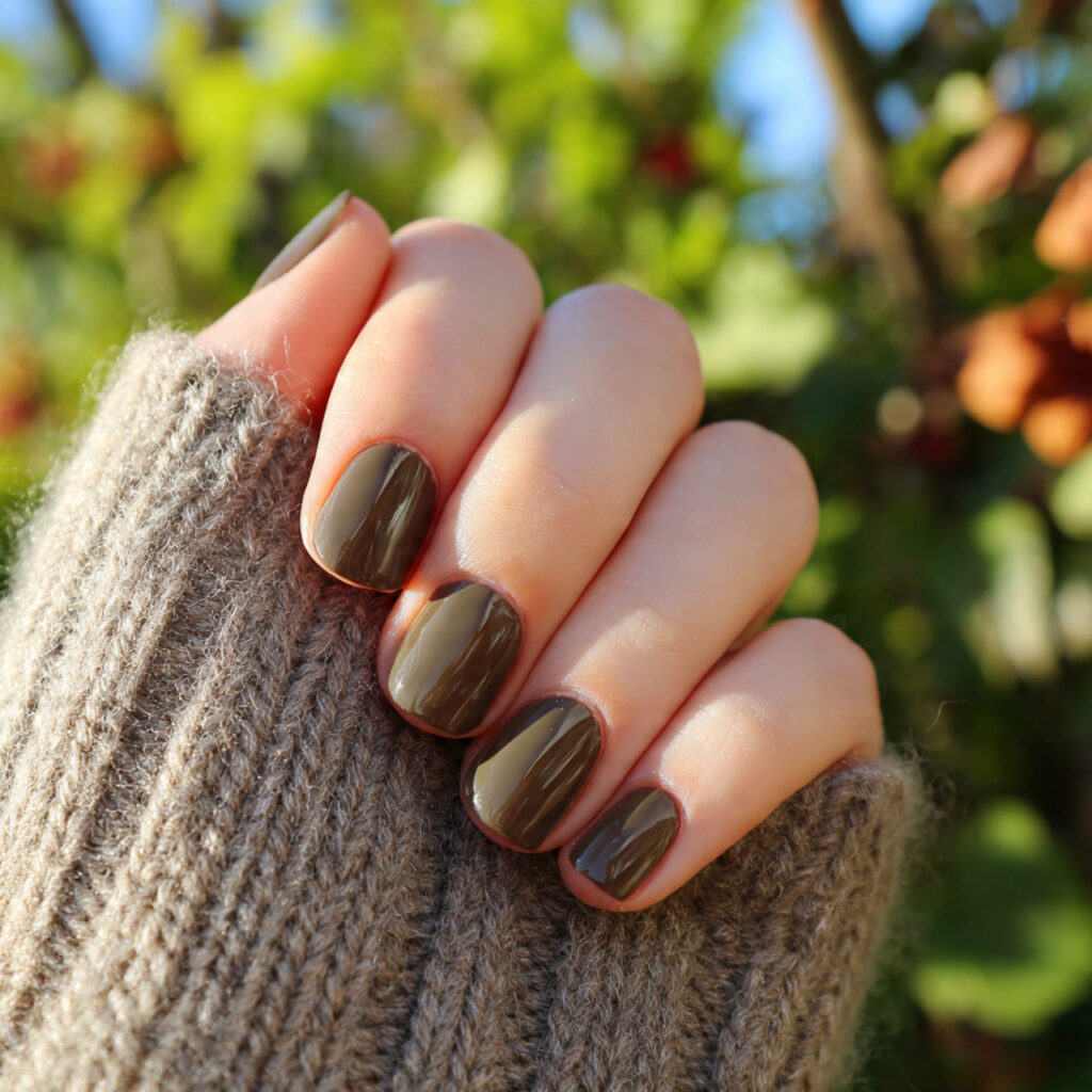 Short Nails Brown: 12 Cozy, Chic & Effortlessly Aesthetic Ideas 9 attractive olive brown earthy short nails with out