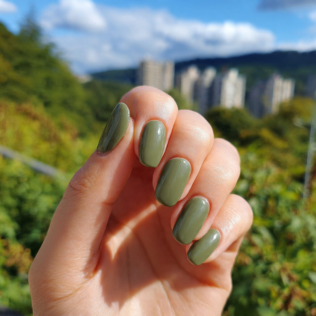 Short Nails Fall: Cozy, Chic & Cute Ideas You’ll Want to Save 7 attractive olive green short nails with outdoor ba