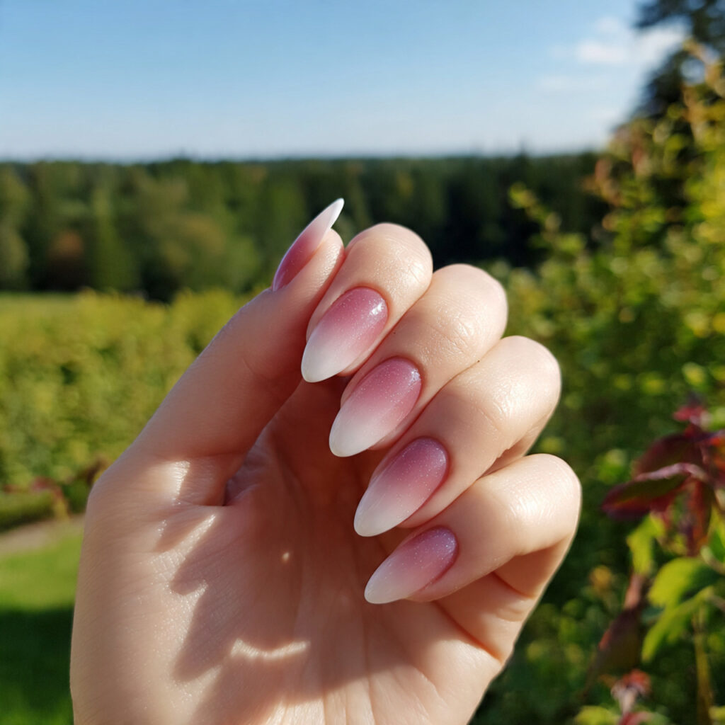 attractive ombre almond nails with outdoor backgro 1