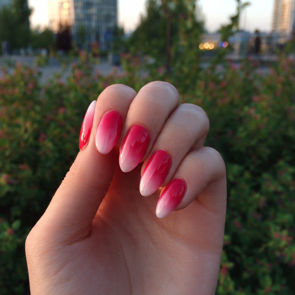attractive ombre almond nails with outdoor backgro