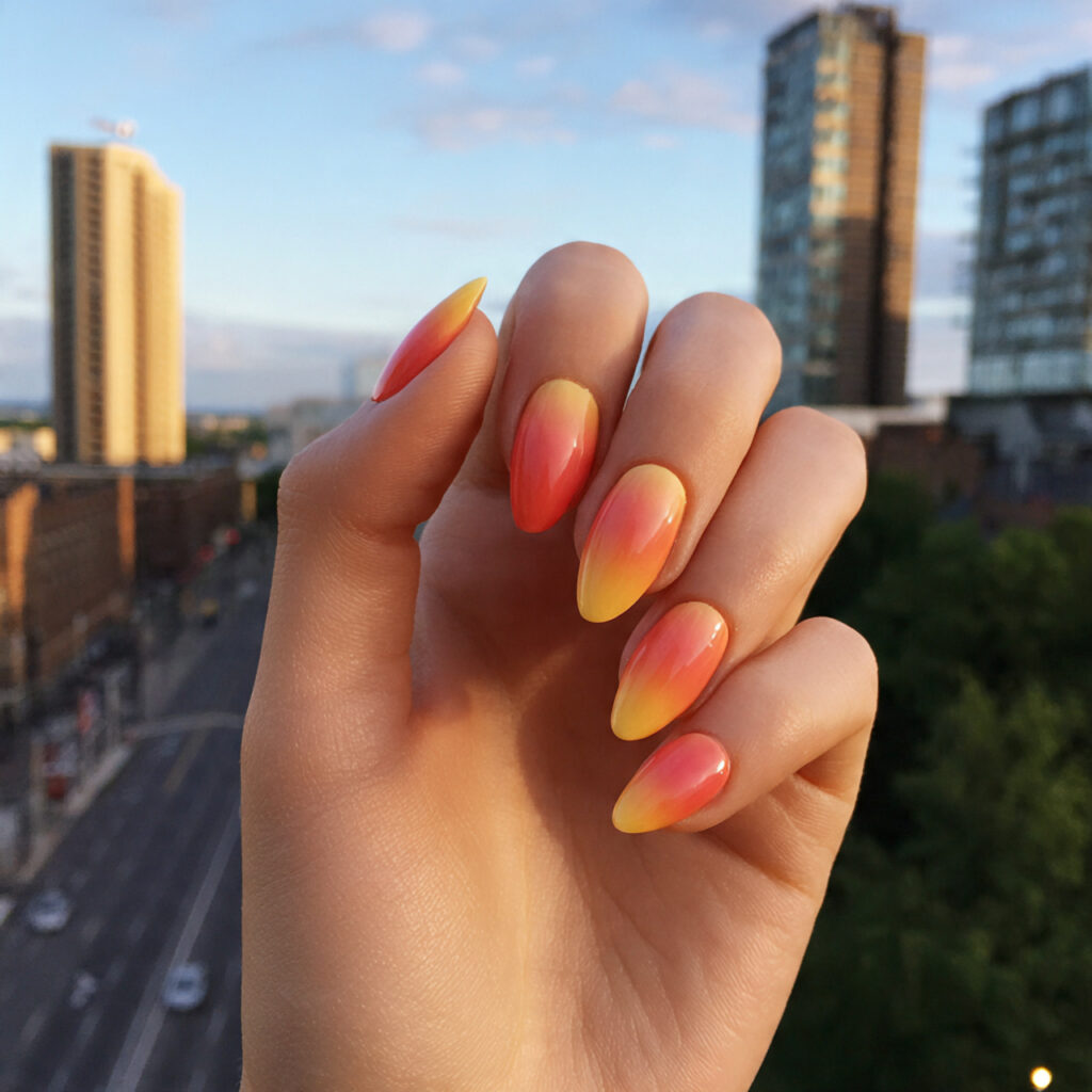 attractive ombre pointy short nails with outdoor b
