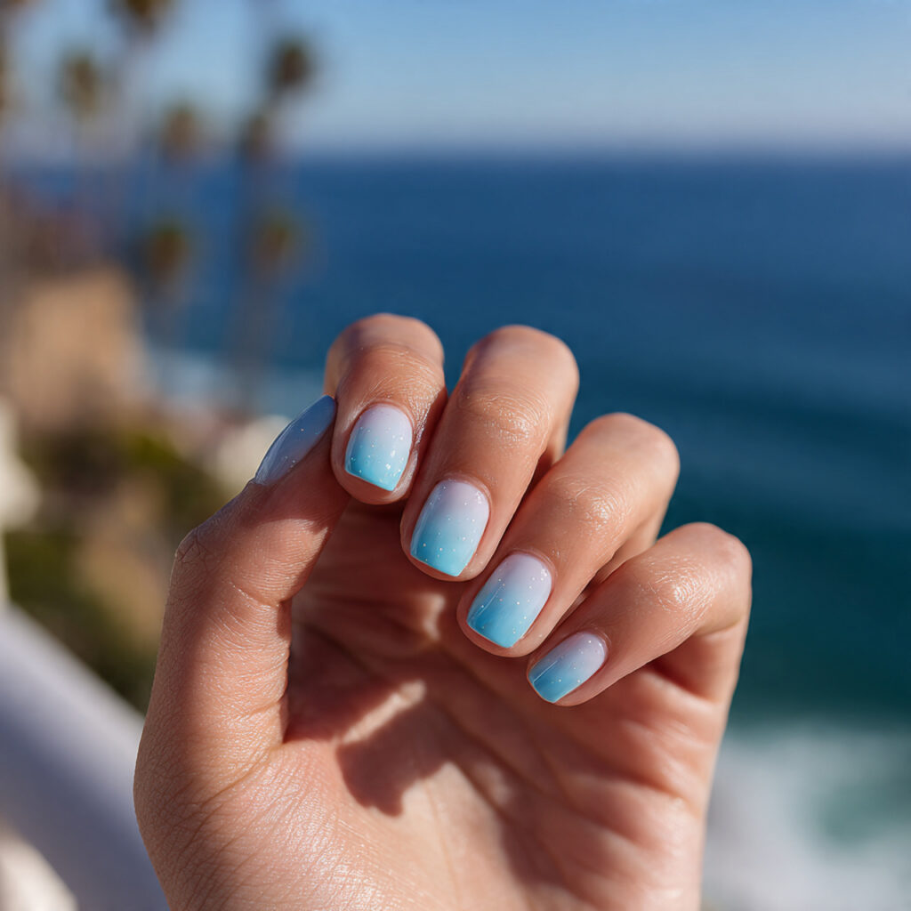 attractive ombre short nails with outdoor backgrou