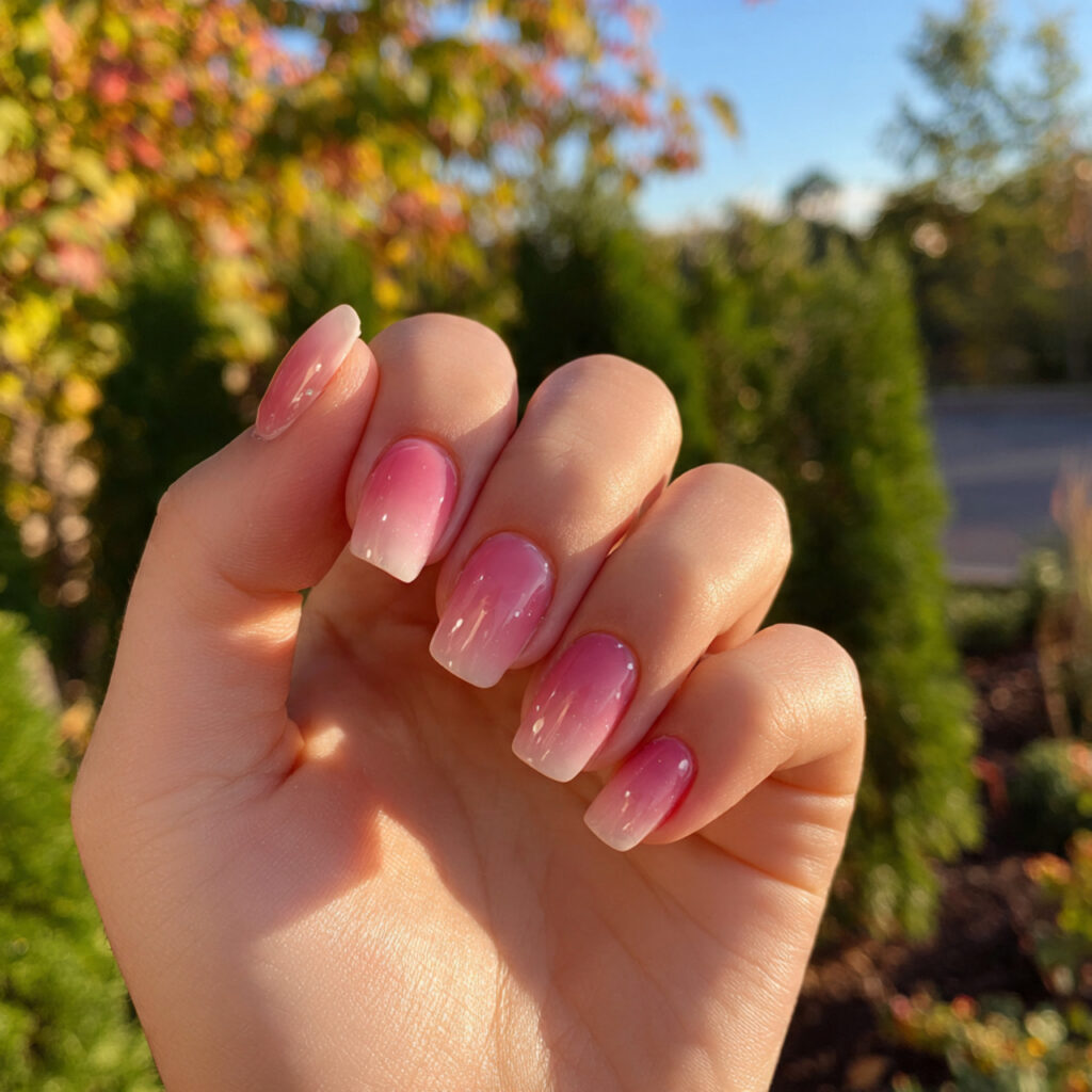 attractive ombre short square nails with outdoor b