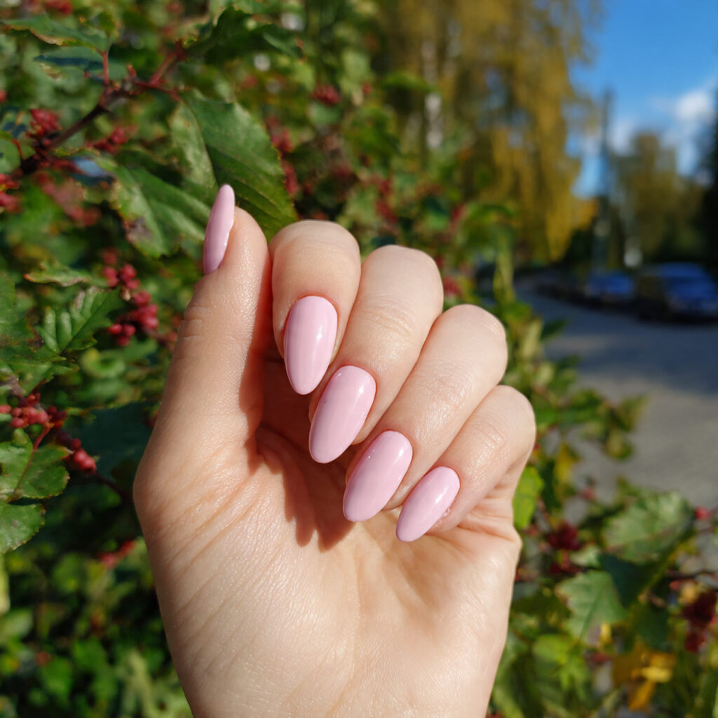 Pale Pink Nails: Soft, Elegant & Effortlessly Beautiful 10 attractive pale pink almond nails with outdoor bac