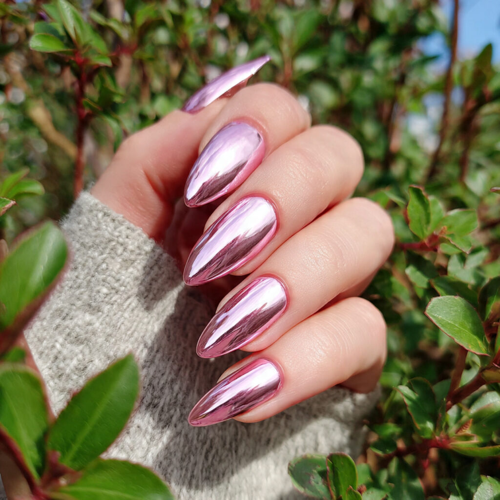 Pale Pink Nails: Soft, Elegant & Effortlessly Beautiful 3 attractive pale pink chrome glazed nails with outd