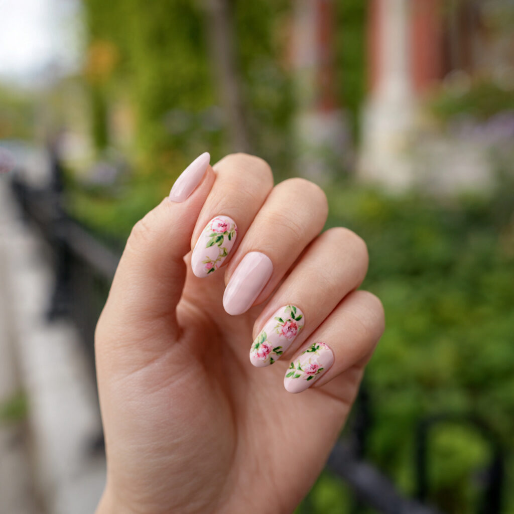 Pale Pink Nails: Soft, Elegant & Effortlessly Beautiful 6 attractive pale pink floral accent nails with outd