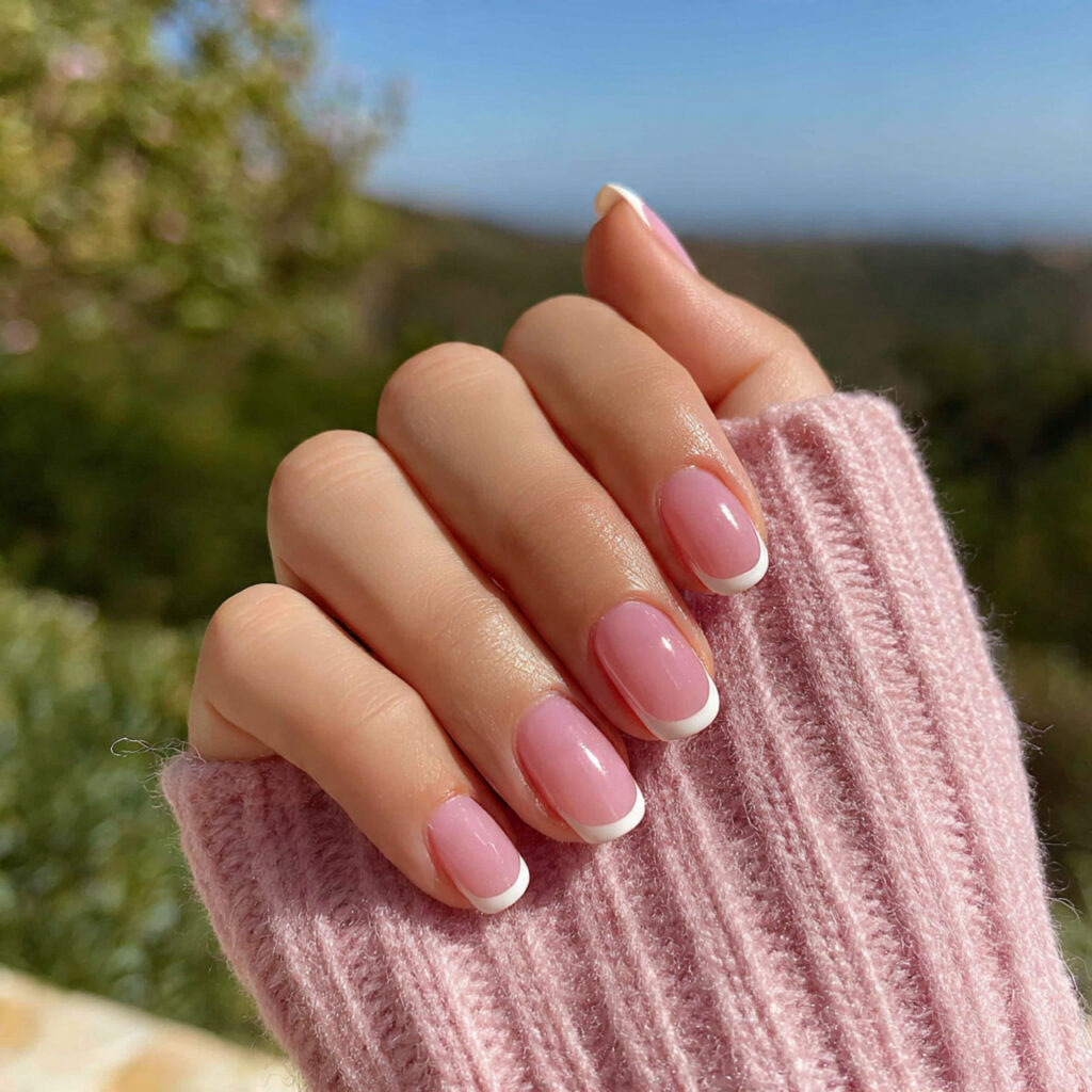 Pale Pink Nails: Soft, Elegant & Effortlessly Beautiful 2 attractive pale pink french tip nails with outdoor