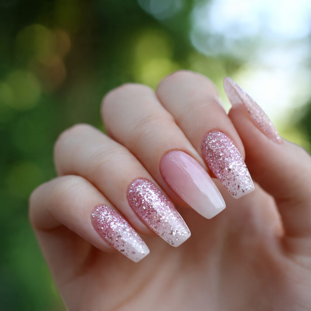 Pale Pink Nails: Soft, Elegant & Effortlessly Beautiful 5 attractive pale pink glitter nails with outdoor ba