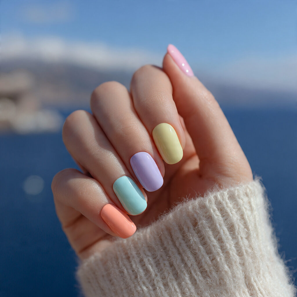 attractive pastel aura acrylic short nails with ou