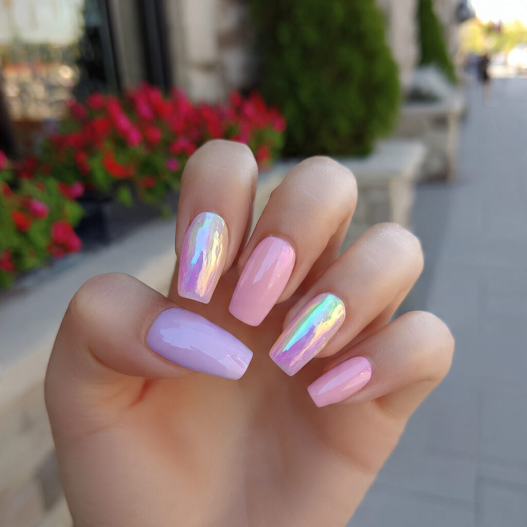 Coffin Nails Short: 14 Cute & Trendy Designs You’ll Want to Try 4 attractive pastel aura coffin short nails with out