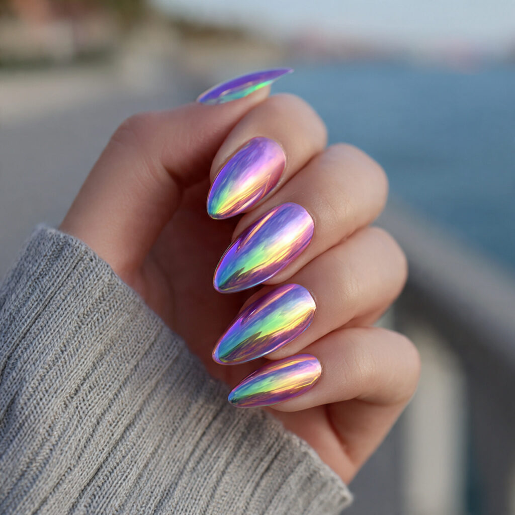 Nail Inspo Chrome: Glossy, Glazed & Next-Level Aesthetic Looks 8 attractive pastel chrome nails with outdoor backgr