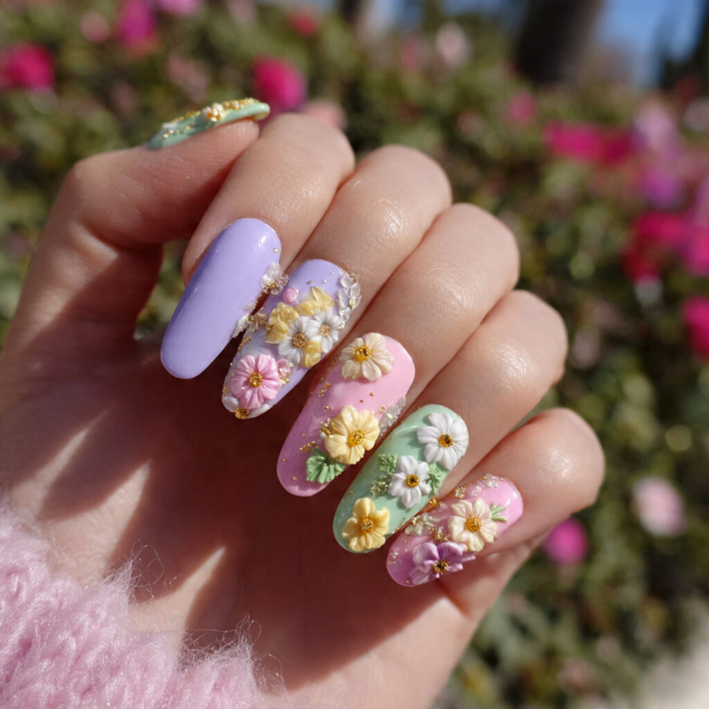 Nail Inspo 3D Flower: Soft Petals, Dreamy Details & Pure Romance 6 attractive pastel floral mix 3d nails with outdoor