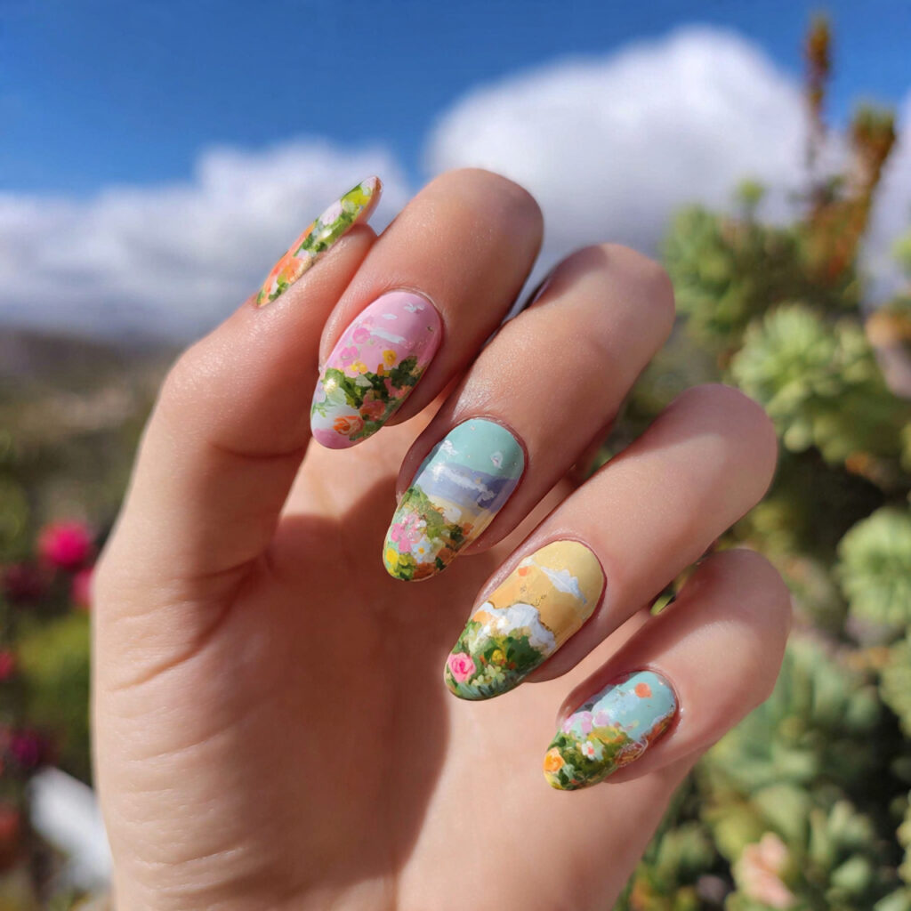 attractive pastel mix almond nails with outdoor ba