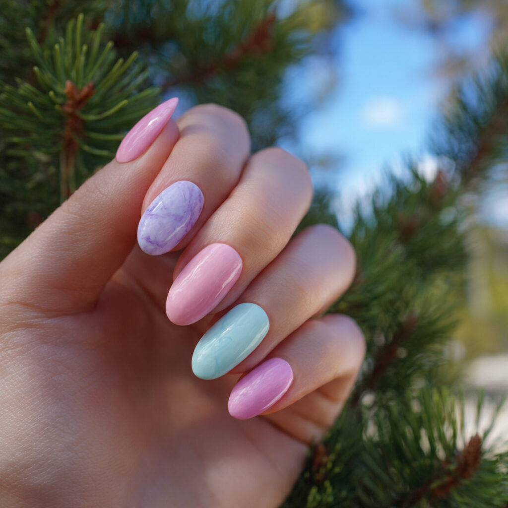 attractive pastel mix nails with outdoor backgroun 1