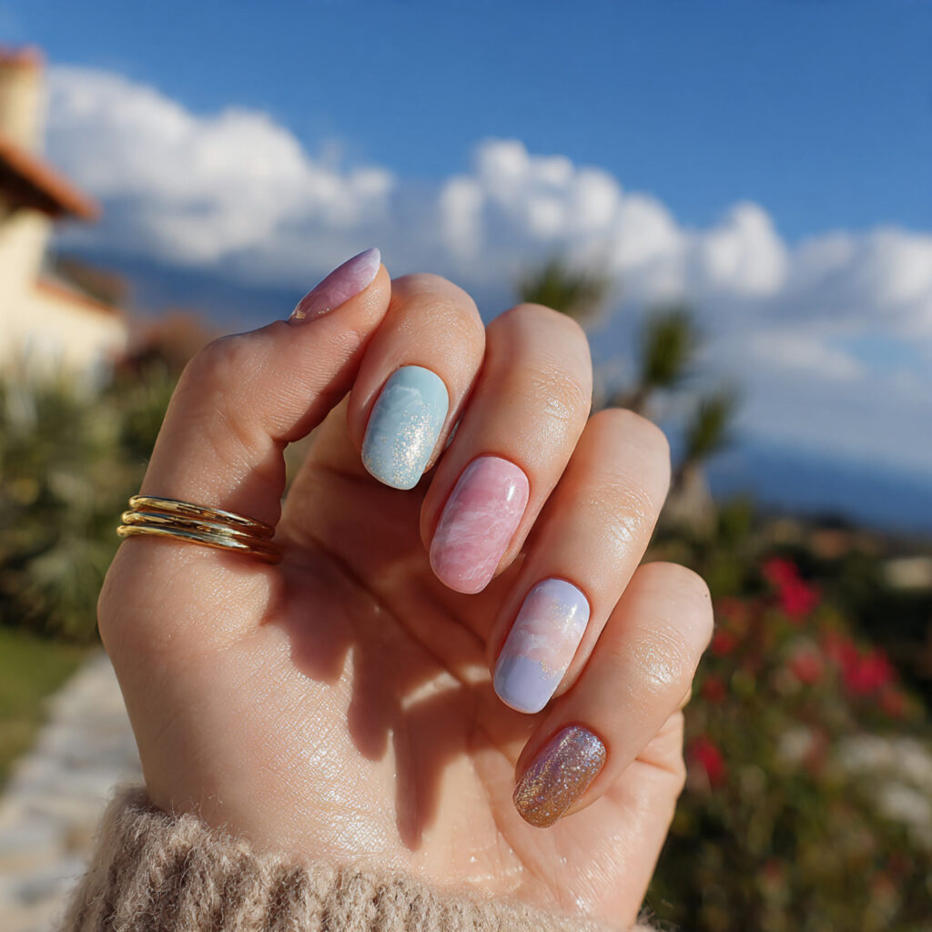 attractive pastel mix short nails with outdoor bac 1