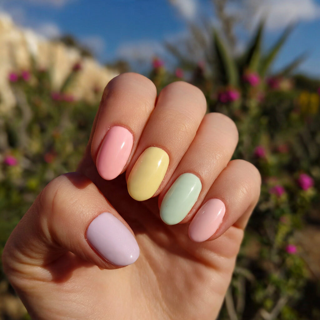 Extra Short Nails: Minimal, Cute & Effortlessly Chic 7 attractive pastel mix short nails with outdoor bac