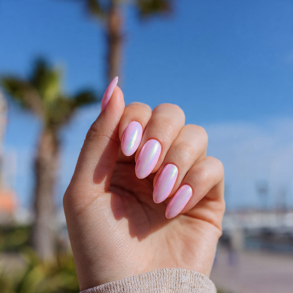attractive pastel pink aura nails with outdoor bac