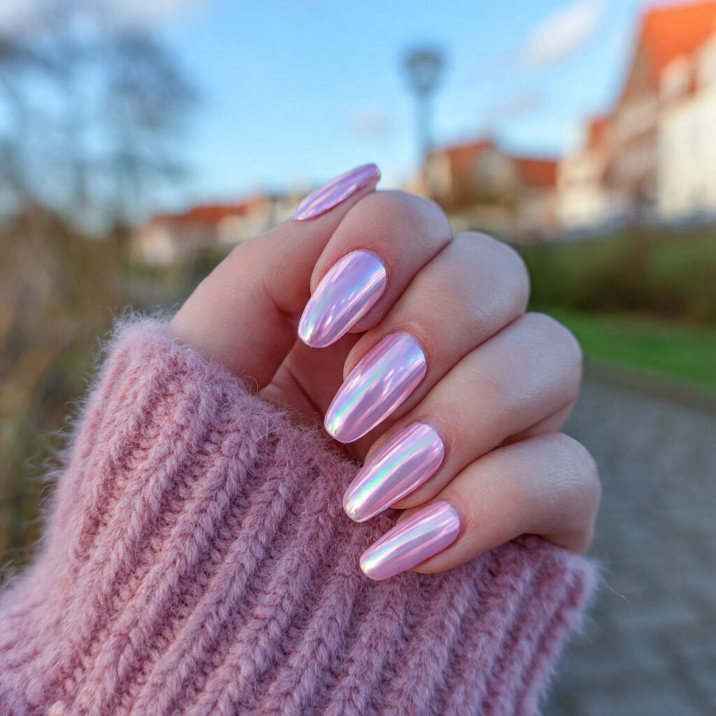 attractive pastel pink chrome nails with outdoor b