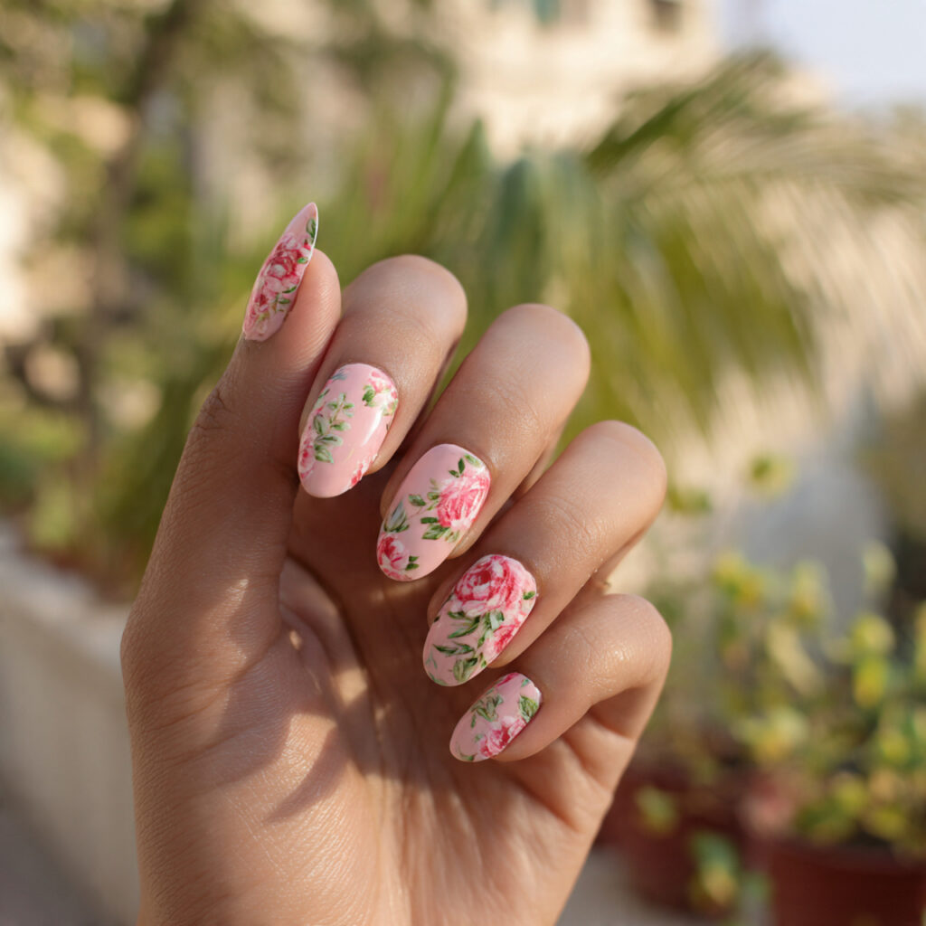 attractive pastel pink floral nails with outdoor b