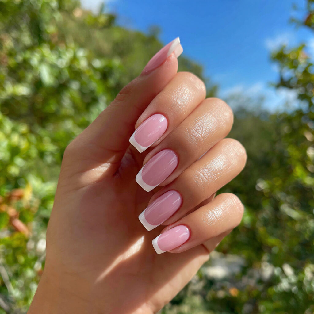 attractive pastel pink french tips with outdoor ba