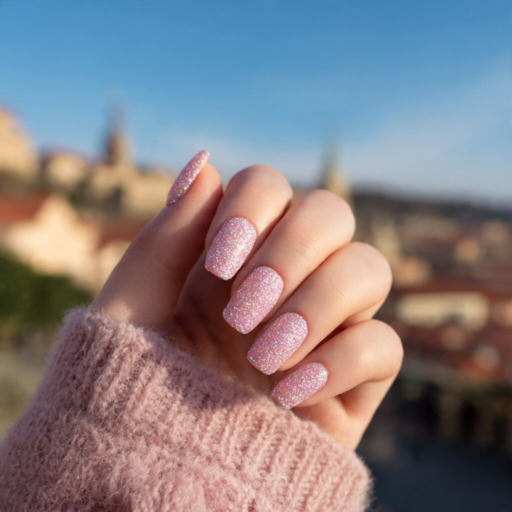attractive pastel pink glitter nails with outdoor