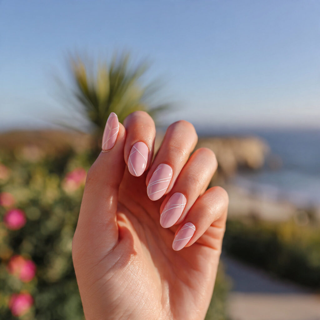 attractive pastel pink nails with minimal line art