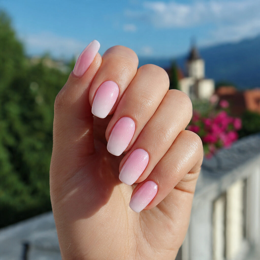 attractive pastel pink ombre nails with outdoor ba