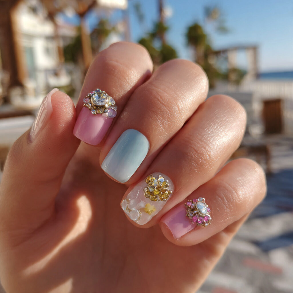 attractive pastel short nails with mixed charms wi