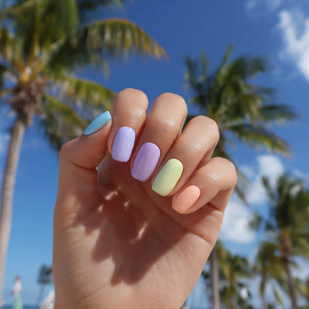 Short Nails Ideas Simple: 14 Cute & Effortless Looks You’ll Love 7 attractive pastel short nails with outdoor backgro 1
