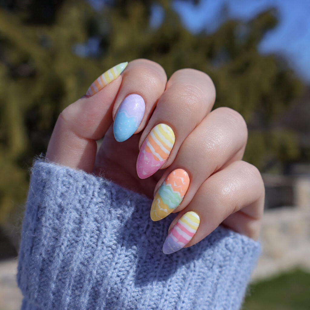 Nail Inspo Summer 2026: Fresh, Glowy & Totally Addictive Looks 4 attractive pastel skittle nails with outdoor backg