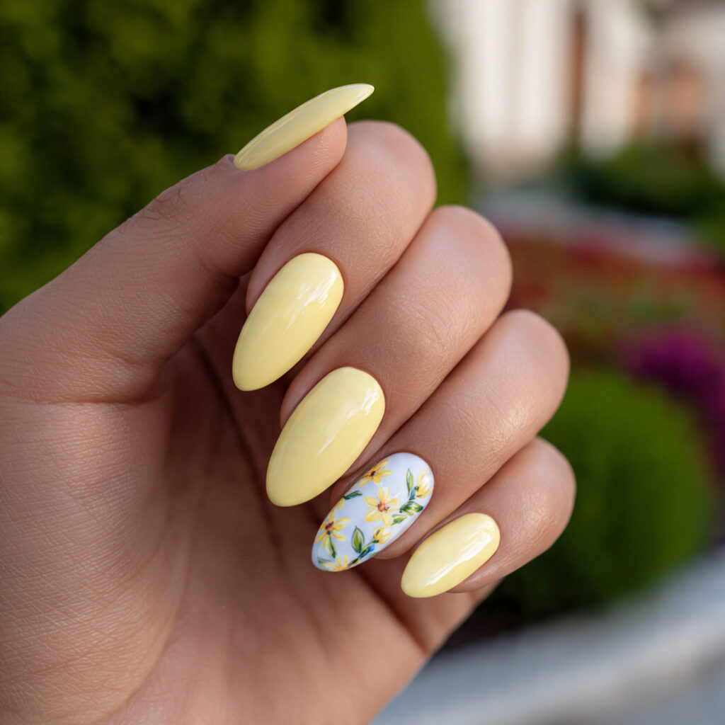 Nail Inspo Yellow: Bright, Happy & Sunshine-Ready 8 attractive pastel yellow mix nails with outdoor ba