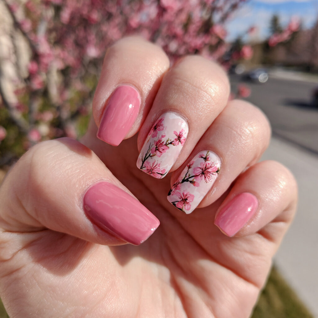 Nail Inspo Flower: The Dreamiest Floral Nail Ideas You’ll Want to Copy 11 attractive peach blossom nails with outdoor backgr