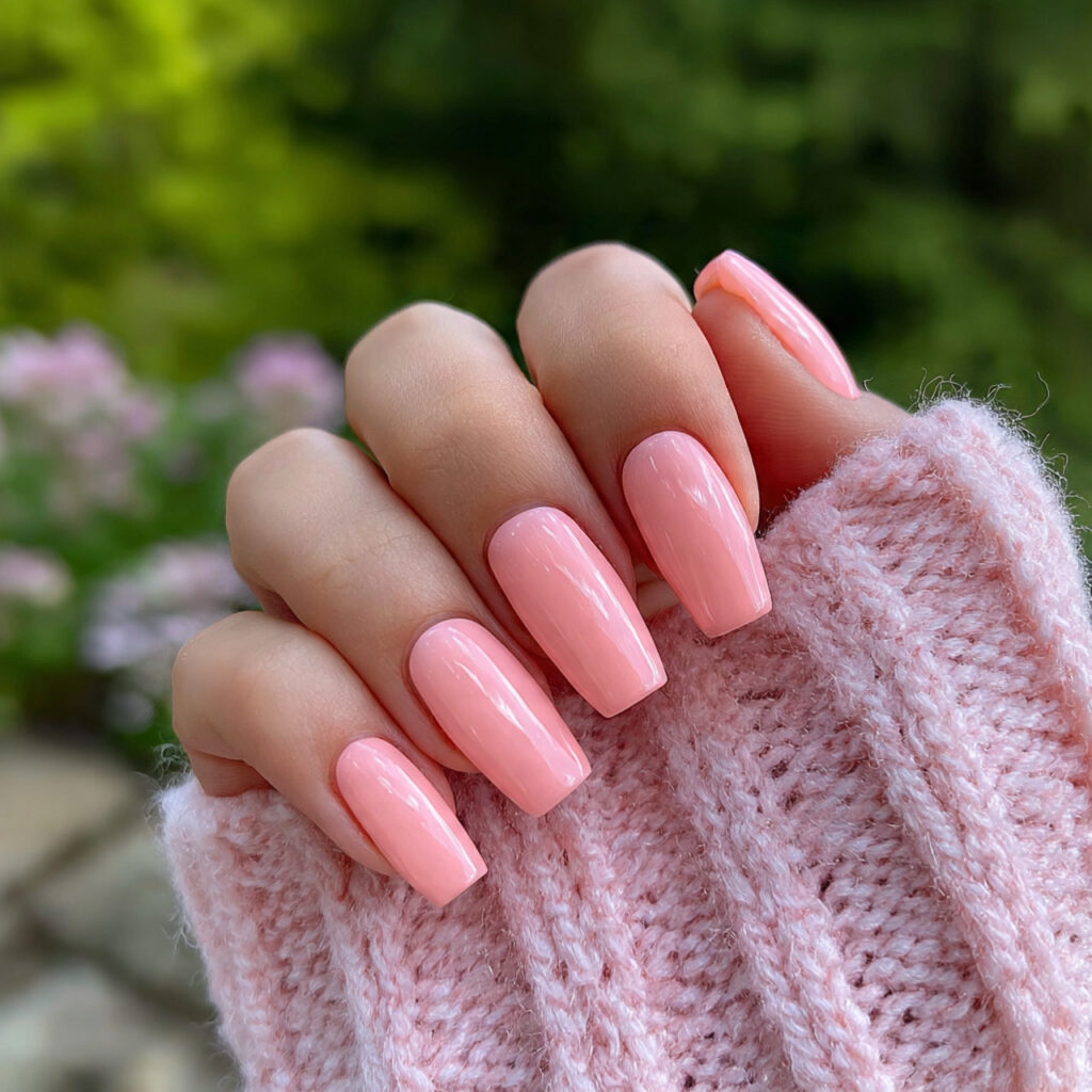 Short Coffin Nails Designs: Chic, Cute & Totally Addictive Ideas 3 attractive peach coffin nails with outdoor backgro