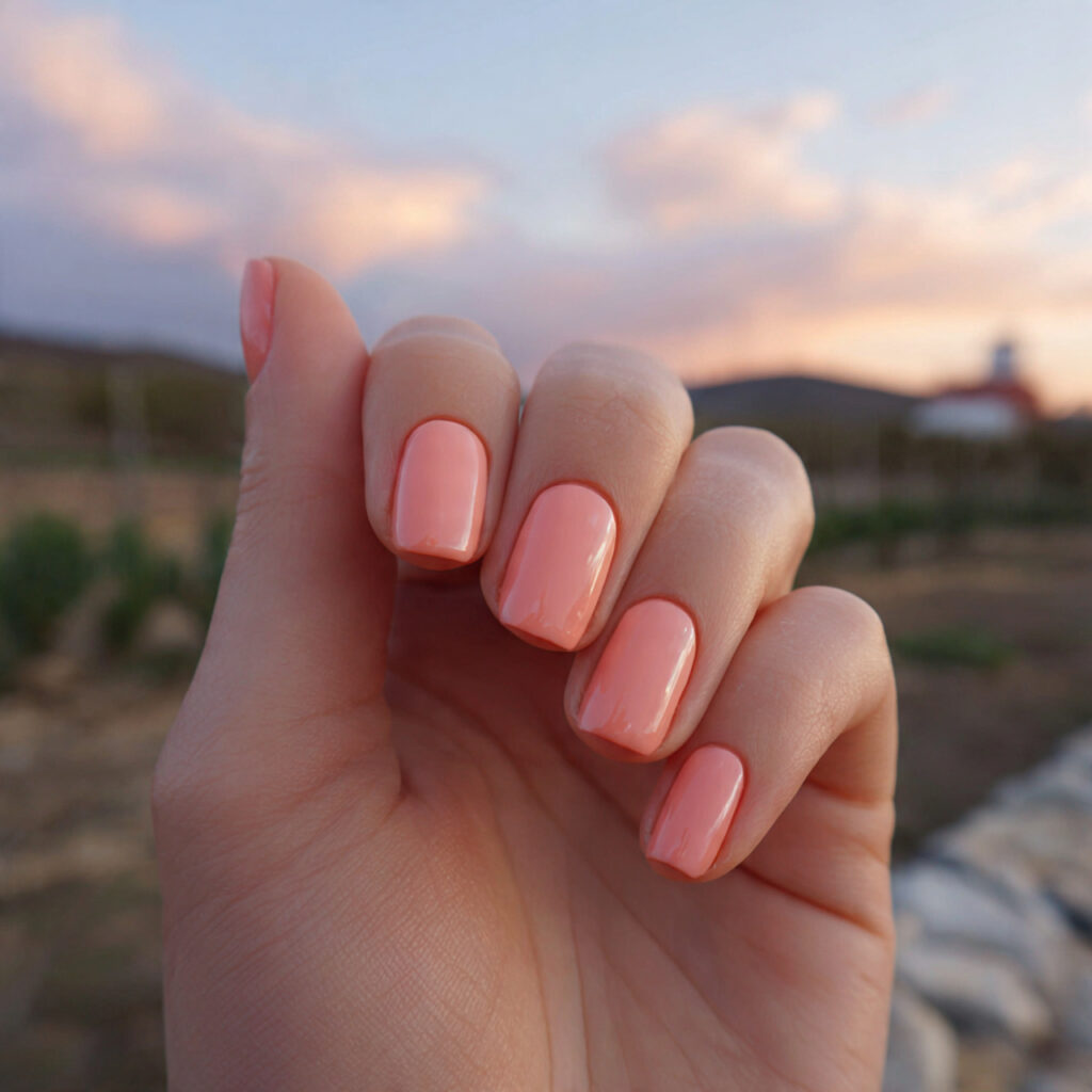 attractive peach glow short nails with outdoor bac
