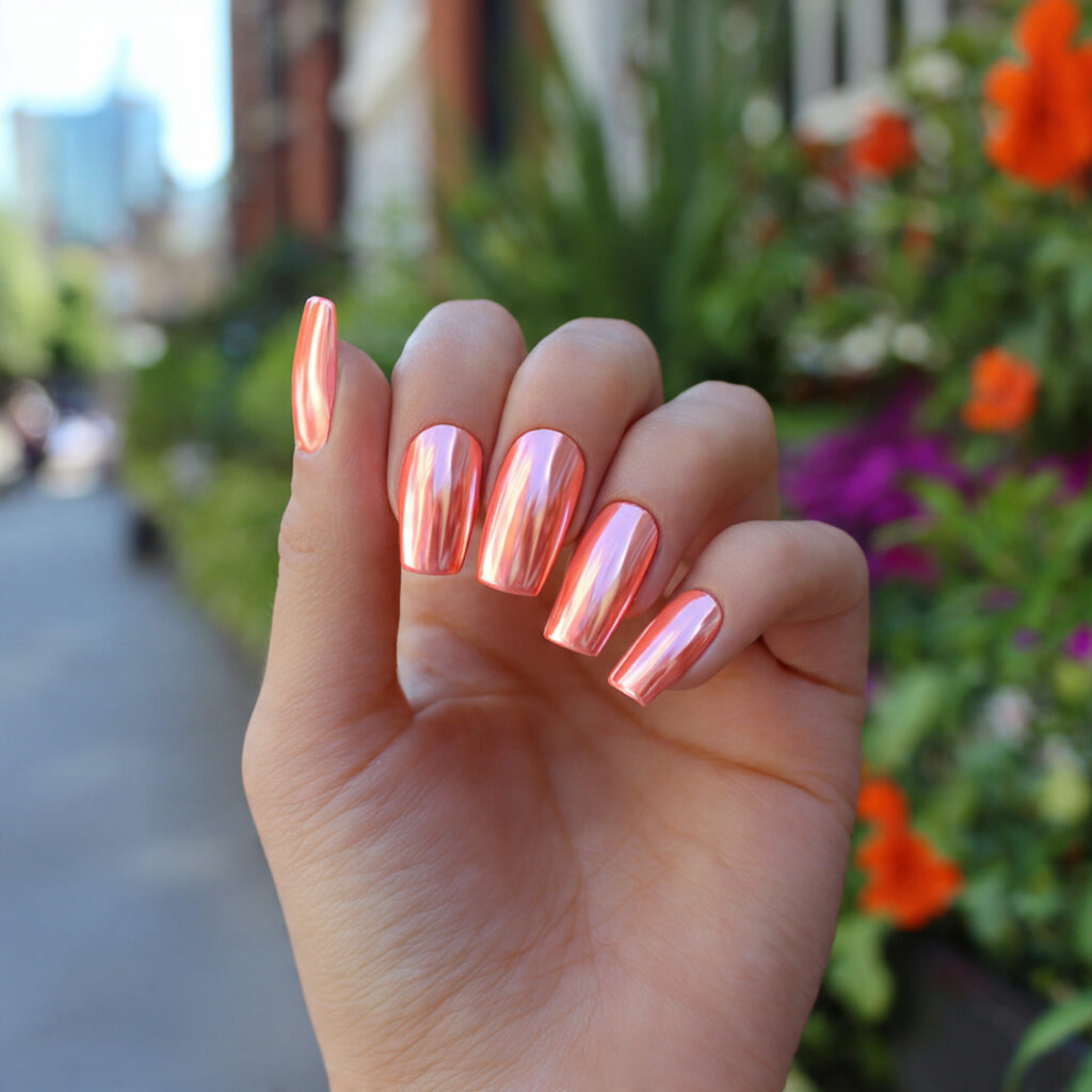 Nail Inspo Chrome: Glossy, Glazed & Next-Level Aesthetic Looks 11 attractive peachy chrome glow nails with outdoor b