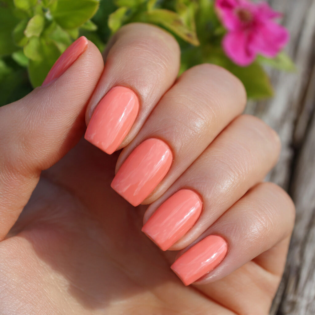 Nail Inspo Solid Color: Simple Shades That Feel So Put-Together 5 attractive peachy coral solid nails with outdoor b