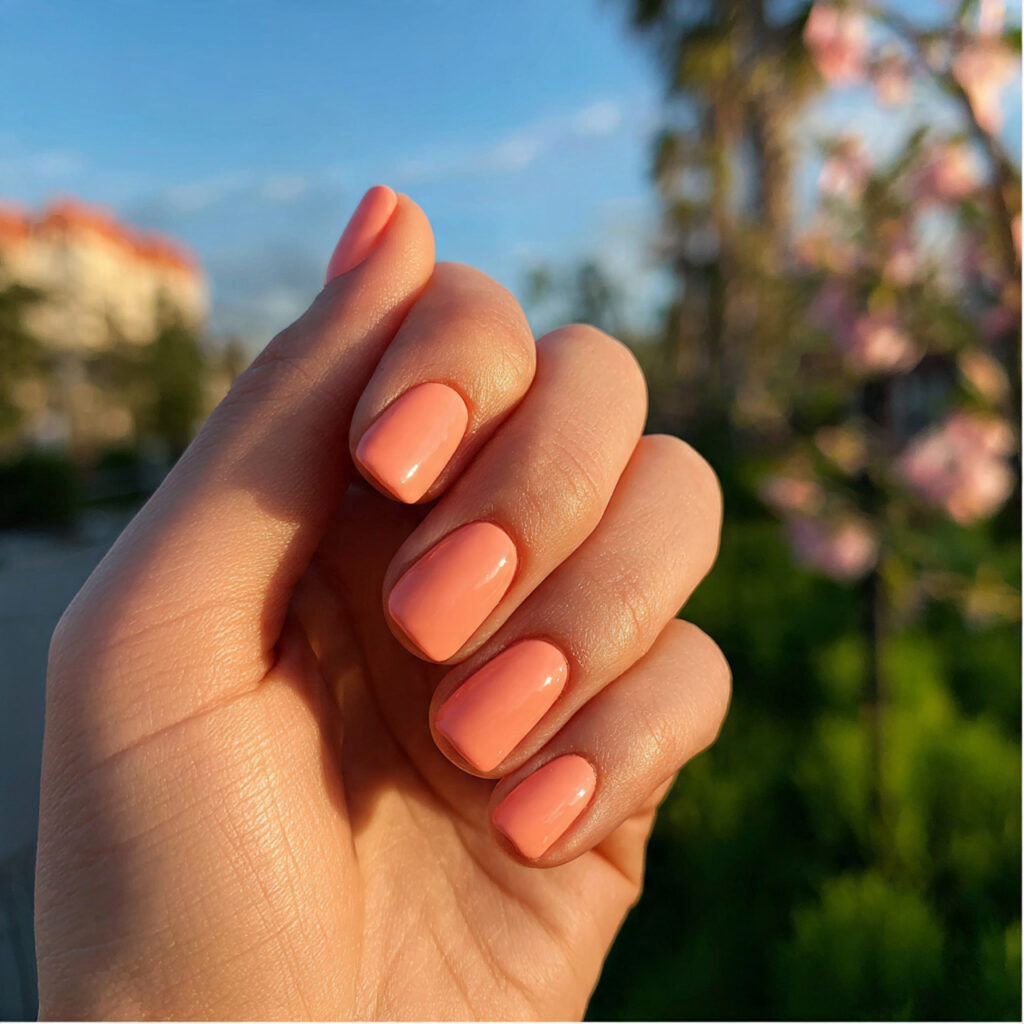 Short Nails Cute: Tiny Designs You’ll Instantly Fall For 3 attractive peachy cute short nail with outdoor bac