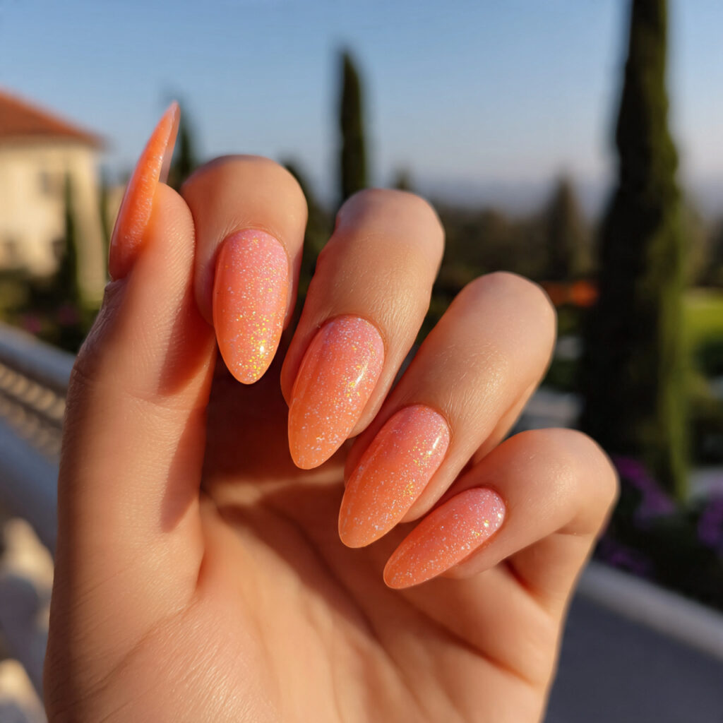 Nail Inspo Summer 2026: Fresh, Glowy & Totally Addictive Looks 3 attractive peachy glow nails with outdoor backgrou 1