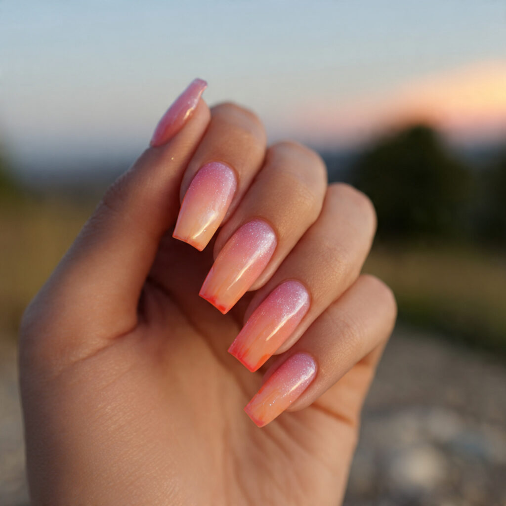 Nail Inspo Aesthetic: 14 Dreamy & Trendy Looks You’ll Want to Save 12 attractive peachy glow nails with outdoor backgrou