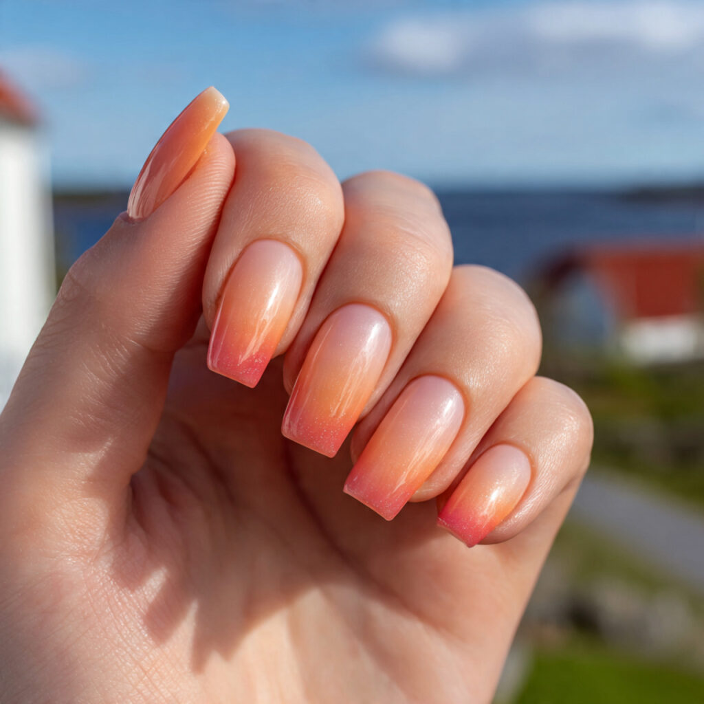 Short Ombre Nails: Soft Blends You’ll Keep Staring At 3 attractive peachy ombre nails with outdoor backgro