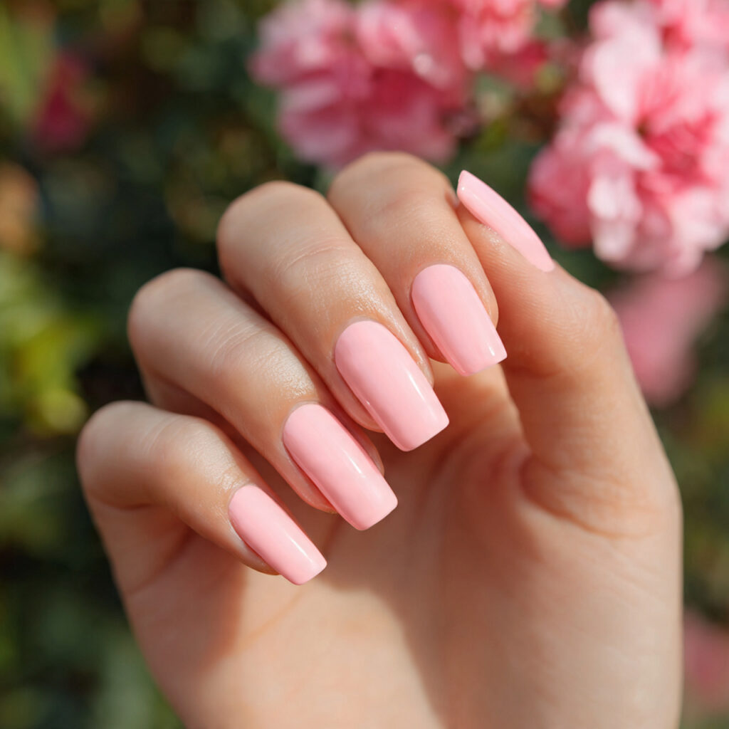 attractive peachy pastel pink nails with outdoor b